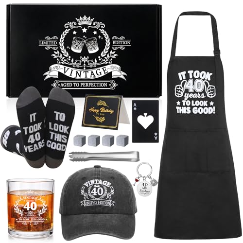 40th Birthday Gifts for Men 40th Birthday Party Supplies | Include 11 Oz Glass Stone Ice Tong Bottle Opener Cap Apron Socks Keychain Greeting Card for Him, Dad, Husband, Friends - style: 40th