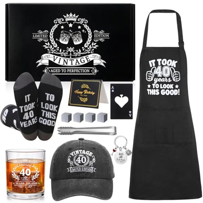40th Birthday Gifts for Men 40th Birthday Party Supplies | Include 11 Oz Glass Stone Ice Tong Bottle Opener Cap Apron Socks Keychain Greeting Card for Him, Dad, Husband, Friends - style: 40th