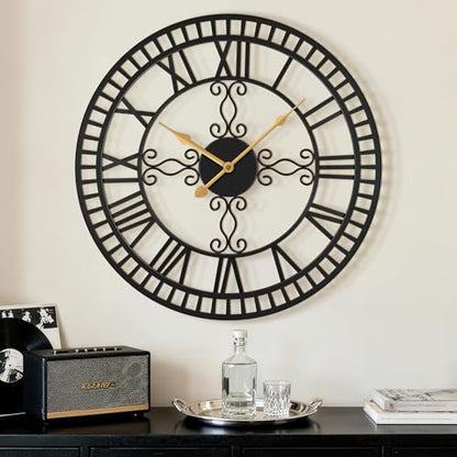 30" Large Wall Clock Decorative for Living Room, Black Metal Roman Numeral Big Clock Completely Silent, Oversized Wall Clocks Battery Operated for Kitchen, Bedroom, Fireplace - size: 30 inch