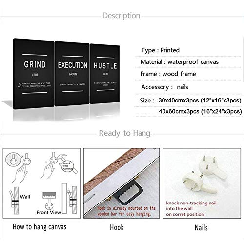Framed Canvas Wall Art Success Quote, Office Wall Art, Black Large Poster, Positive Motivational Set of 3 Prints, Execute Failure Definition, Inspirational Print (B-3pcs,12x16inchx3pcs) - color: B-3pcs, size: 12x16inchx3pcs