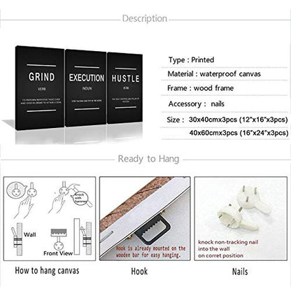 Framed Canvas Wall Art Success Quote, Office Wall Art, Black Large Poster, Positive Motivational Set of 3 Prints, Execute Failure Definition, Inspirational Print (B-3pcs,12x16inchx3pcs) - color: B-3pcs, size: 12x16inchx3pcs