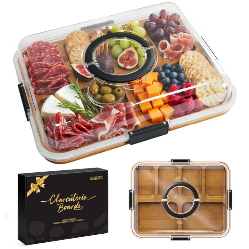 Portable Charcuterie Boards with Lid, Cheese, Veggie & Snack Tray | Clear Lid Keeps Food Fresh, Travel Portable Board for Kitchen, Picnic and Party, House Warming Gifts New Home - color: 6 Compartments Carbonized Black