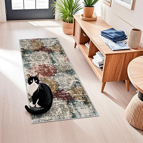 Modern Rug Runner 2x5 Washable: Hallway Abstract Non-Slip Pet Friendly | Low Pile Mandala Stamped Soft Rug Indoor Floor Mat Front Door for Kitchen Bedroom Mudroom Entryway Laundry Apartment Dwellers - color: Red/Green/Multi, size: 2' x 5' (Rectangular)