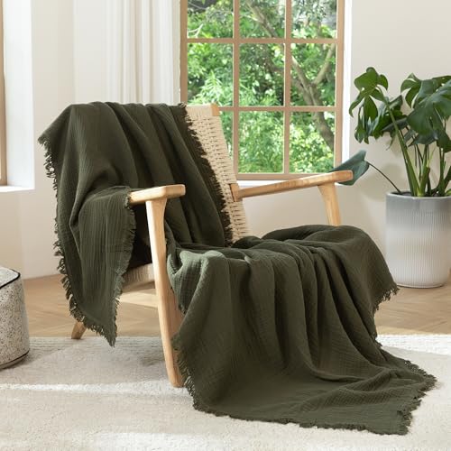 MooMee 100% Cotton Muslin Blanket, Fringed 4-Layer Gauze Bed Throw Blankets | Soft Breathable Lightweight Thin Coverlet Summer Blankets for Adults, Bed & Couch All Seasons, Olive Green, 108" x 98" - color: Olive Green, size: Super King