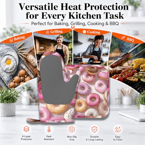 Groovy Donuts Oven Mitts and Pot Holders Sets Silicone Kitchen Mitts Potholders Heat Resistant Oven Gloves Hot Pads for Kitchen Baking Cooking - color: Groovy Donuts