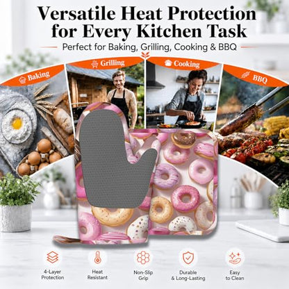 Groovy Donuts Oven Mitts and Pot Holders Sets Silicone Kitchen Mitts Potholders Heat Resistant Oven Gloves Hot Pads for Kitchen Baking Cooking - color: Groovy Donuts