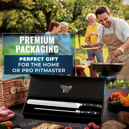 Cutluxe BBQ Carving Set, 12" Brisket Knife & 10" Honing Rod for Meat | Butcher Slicing Blades, Ultra Sharp German Steel, Ergonomic Pakkawood Handles – Artisan Series - size: 2 Pcs Brisket Knife Set