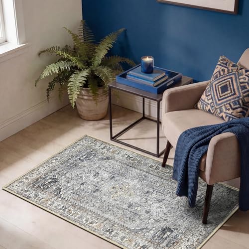 Keen Home Design 2x3 Rug - Machine Washable Entry Rug with Non-Slip Backing, Ideal for Enteryway, Kitchen, Bathroom, Laundry Room - Vintage, Easy Clean, Durable, Low Pile Rug - (2' x 3') - color: Smoke Grey/ Cold Green, size: 2' x 3' (Rectangular)
