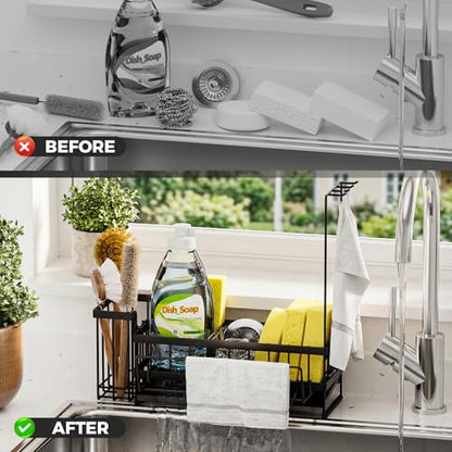 Kitchen Sink Organizer, Stainless Steel Sponge Holder, Black | Rust-Resistant Steel, Detachable Draining Board, Compartment Divider, Brush Holder & Towel Bar, Ideal for Kitchen Storage - color: Black