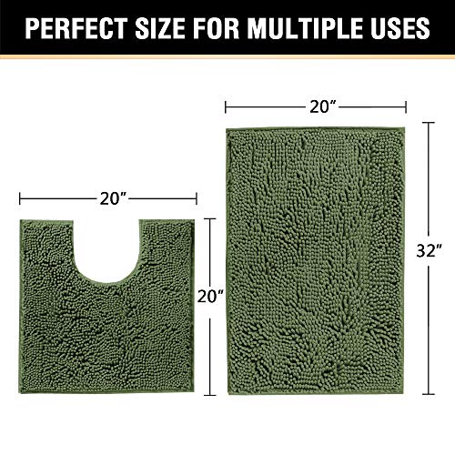 H.VERSAILTEX Bathroom Rugs Luxury Chenille Mat Set, Soft Plush Shower Rug + Toilet Mat, Microfiber Shaggy Carpet, Super Absorbent, Machine Washable (Curved Set, 32" x 20"/20" x 20", Loden) - color: Loden, size: 20" x 32" Plus 20" x 20"