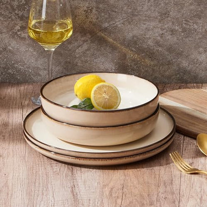 E-far Stoneware Pasta Bowls Set of 4, 35oz Double Reactive Glaze | Wide & Shallow Ceramic Pasta Plates for Serving Salad Soup Dinner, Dishwasher & Microwave Safe, Sandy Beige - color: Sandy Khaki