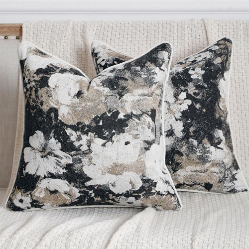 Vintage Floral Throw Pillow Covers 20x20 Set of 2 Neutral Boho Farmhouse Soft Chenille Jacquard Decorative Couch Pillow Covers for Sofa Couch Bed Living Room Home Décor Beige Black - color: Beige Black, size: 20" x 20" (Pack of 2)