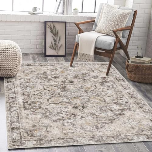 4x6 Rug Beige and Brown Traditional Distressed Aesthetic | Rugs for Dining Room Office- Low Pile Carpet-Non Slip Ultra Soft Pet&Child Friendly-Neutral Modern - color: Brown Beige, size: 4' x 6' (Rectangular)