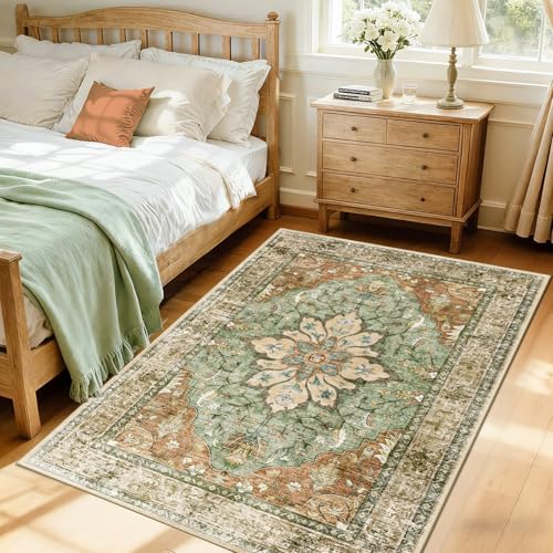 RELEANY Washable Vacuum-Friendly Area Rugs 4'x6' Brick/Brown/Green | Low Pile Stain-Resistant, Soft Non-Slip, Floral Vintage Distress Print Pattern Medallion, for Living Room Bedroom Hallway - color: Brick/Brown/Green, size: 4' x 6' (Rectangular)