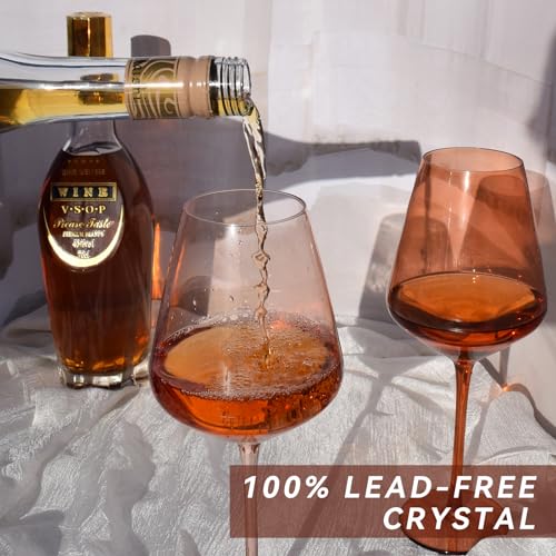 Brown Wine Glasses Set of 6, 19.5oz Amber Wine Glasses, Hand-Blown | Premium Lead-Free Crystal, Large Venus Wine Glasses with Long Stem, Ideal Gift for Fall, Autumn, Daily Use, Special Occasions - color: 19.5oz amber wine glasses