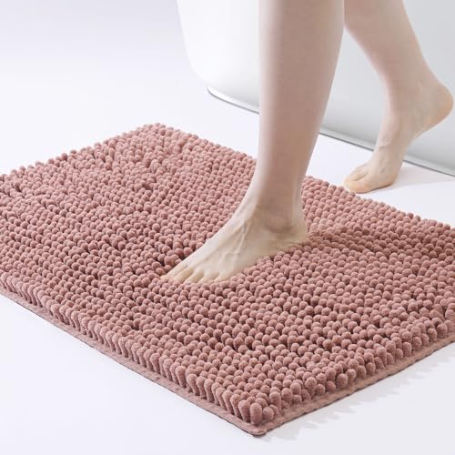 FRESHMINT Chenille Bathroom Rugs Mat 24"x17", Non-Slip Bath Mat for Bathroom Floor & BathTub, Washable Soft Shower Shag Bath Rugs, Durable Fluffy Thick Water Absorbent Microfiber Shower Mat, Rust Pink - color: Rust Pink, size: 1'5" x 2' (Rectangular)