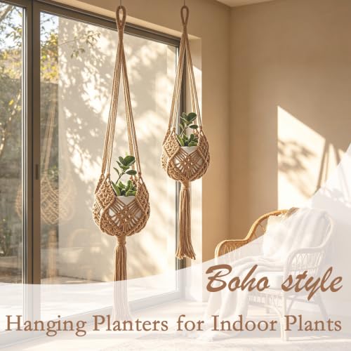 2-Pack Macrame Plant Hangers, Jute Hanging Planters for Indoor Plants for up to 8 Inch Pot Hanging Baskets Boho Plant Holder Basket for Outdoor Home, Handwoven, 35 Inchs