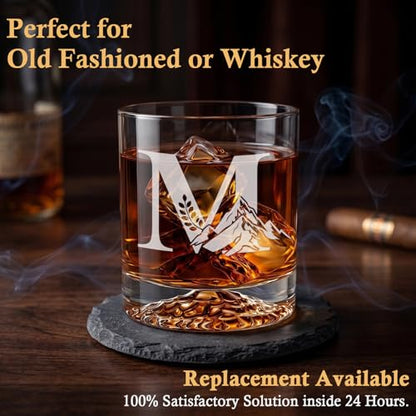 Personalized Whiskey Glass Gift Set for Men – Monogrammed Initial Rocks Glass with Slate Coaster, Wooden Box & Whiskey Stones, Birthday Father's Day for Him Dad Husband (M) - style: M