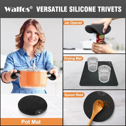 Walfos Silicone Trivet Mats - 4 Heat Resistant Pot Holders, Multipurpose Non-Slip Hot Pads for Kitchen Potholders, Hot Dishers, Jar Opener, Spoon Holder, Food Grade Silicone & BPA Free (Black) - style: 7.1+7in, 4 Black Round + Square