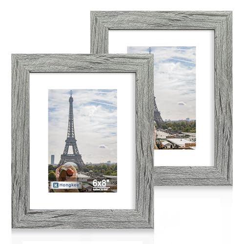 Hongkee 6x8 Picture Frame Set of 2, Made of Real Glass and Grey Wooden Frame - Display Pictures 4x6 with Mat or 6x8 Without Mat, 6 by 8 Photo for Wall or Tabletop - color: Grey, size: 6X8 in