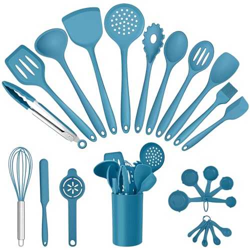 E-far Silicone Cooking Utensils Set, 25 Piece Kitchen Utensils with Holder, Non Toxic Kitchen Tools Spatula, Turner, Spoon, Ladle for Nonstick Cookware, Heat Resistant & Dishwasher Safe - Blue - color: Blue