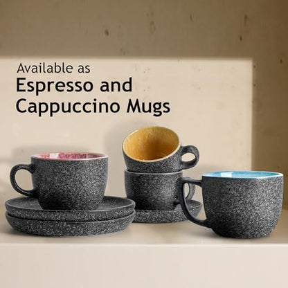 MIAMIO – 2.7 Oz Ceramic Stackable Espresso Cups with Saucers and Metal Stand, Set of 6 Espresso Cup, Demitasse Cups, Coffee Mugs for Espresso, Latte, Café Mocha & Tea – Las Palmitas Collection | With saucers, made of ceramic, dishwasher-safe, microwave-sa