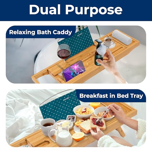 SereneLife 2 in 1 Bed and Bath Tray - Foldable Bamboo Bathtub Caddy with Adjustable Length, Non-Slip, Device Holder, Wine Glass Slot, Expandable for Comfortable Bathing, Natural, Standard, Folding Set