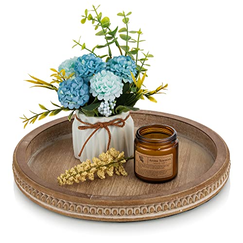 Hanobe Round Wooden Tray Decor for Coffee Table, Decorative Candle Plate | 11.8" Rustic Serving Tray for Kitchen Centerpiece, Farmhouse Living Room Fall Decor, Brown - color: Brown