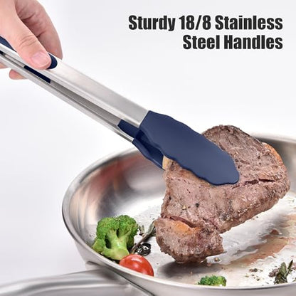 Doosu 600°F Heat Resistant Kitchen Tongs for Cooking with Non-Scratch Silicone Tips (7+9+12in, Navy Blue) & 3-Piece Silicone Spatula Set Food Grade Baking Supplies Cooking Tools (Black+Lake Blue+Aqua)