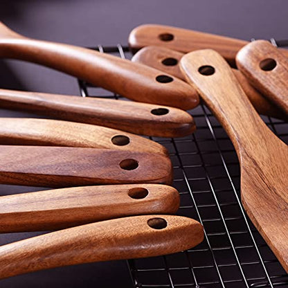 Wooden Spoons for Cooking,GUDAMAYE 10 PCS Wooden Kitchen Utensils Set,Wooden Cooking Utensils For Non-stick Pan,Teak Wood Utensils Set,Spurtles Kitchen Tools As Seen On Tv - size: 10 PCS