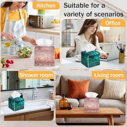Pink Green Glitter 2 Pcs Tissue Box Cover Square, Tissue Box Holder Waterproof Leather Facial Paper Organizer Dispenser for Bathroom Home Car Nightstand - color: Pink Green Glitter