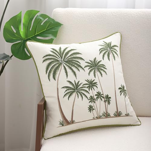 Palm Tree Embroidered Throw Pillow Covers 18x18 Pack of 2 | Ocean-Themed,Durable Fabric,Square Pillow Cover,Boho Decorative,Hidden Zipper,Aesthetic Design,Ideal Gift,Machine Washable - color: Tropical Palm Trees Green