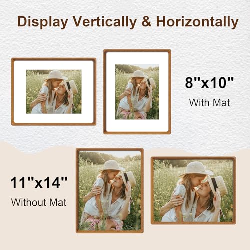 11x14 Picture Frame Set of 2, Natural Teak Wood Solid Wood 11 by 14 Photo Frames with 8x10 Mat with Real Glass for Wall and Tabletop Display - color: Natural Teak, size: 11x14-2Pack