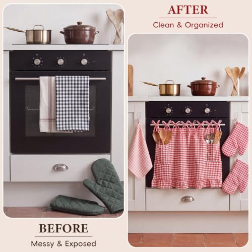 4 Pcs Red Gingham Oven Skirt Curtain Set with Mitts & Hand Towel | 29 x 21 in Farmhouse Rustic Kitchen Stove Cover, Heat-resistant Door Curtain with Ribbon Ties, for Holiday & Everyday Kitchen