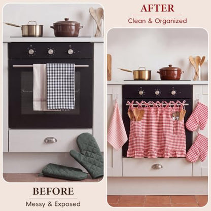 4 Pcs Red Gingham Oven Skirt Curtain Set with Mitts & Hand Towel | 29 x 21 in Farmhouse Rustic Kitchen Stove Cover, Heat-resistant Door Curtain with Ribbon Ties, for Holiday & Everyday Kitchen
