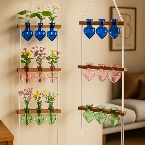 Leinuosen Wall Hanging Plant Propagation Stations Mother Gifts for Her Plant Lovers 3 Tiered 9 Heart Shaped Glass Vases Terrarium with Wooden Stand for Hydroponics Indoor Garden Home Decor(Multicolor) - color: Multicolor