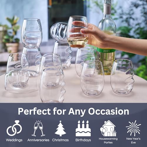 Unbreakable European Plastic Crystal, Stemless Wine Glasses | Set of 12, 13.5 OZ | Acrylic Tritan Set with 3-Finger Indentations - Clear Short Tumbler Set, BPA Free, Reusable, Naturally Aerates Wine - color: Clear, size: Set of 12