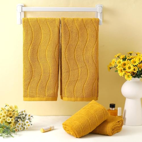 4 Pack Mustard Fall Hand Towels for Bathroom 100% Cotton Soft Quick to Dry Towel Wavy Striped Jacquard Towels 14x29 Inch Absorbent Boho Bathroom Decor for Kitchen Festival Gift - color: Mustard Yellow