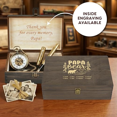 Personalized Wooden Memory Box for Dad – Custom Engraved Papa Bear Keepsake Box with Names, Father’s Day Gift for Gradpa Daddy, Photo Storage & Memory Chest - style: 17. Papa Bear Designs
