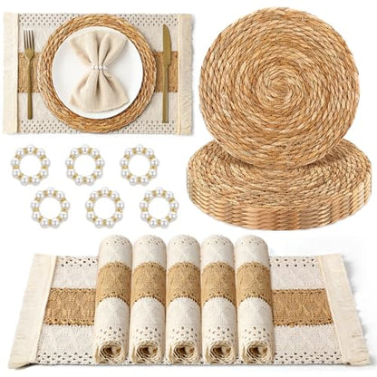 6 Sets Boho Placemats, Including 12 Inch Round Woven Rattan Placemats, Rectangle Burlap Boho Table Mats, Pearl Napkin Rings, Handmade Farmhouse Table Chargers for Home Wedding Party Decoration