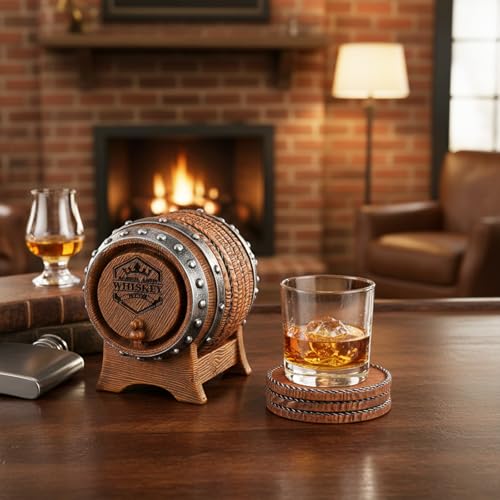 Whiskey Barrel Coasters Set 6 Full Size Non-Slip Cabin Decor Bar Coasters, for dad, Man Cave Gifts for Men and Whiskey Lovers, Rustic Handmade Cup Coaster for The Home - style: Whiskey Barrel-02