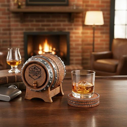 Whiskey Barrel Coasters Set 6 Full Size Non-Slip Cabin Decor Bar Coasters, for dad, Man Cave Gifts for Men and Whiskey Lovers, Rustic Handmade Cup Coaster for The Home - style: Whiskey Barrel-02