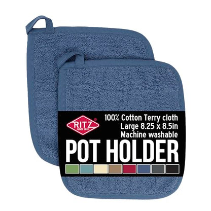 RITZ Terry Potholder & Hot Pad: Unparalleled Heat Resistant, Durable 100% Cotton – Ergonomically Designed for Optimal Grip – Easy-Care Machine Washable – 2-Pack, Federal Blue - color: Federal Blue, size: 2-Pack