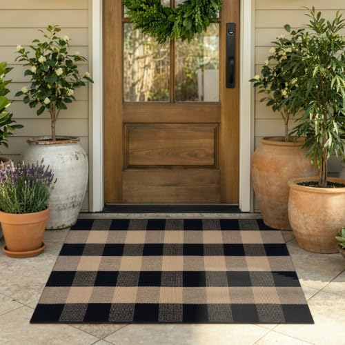 KIMODE Front Door Mat Outside Entrance Fall Front Porch Rug Welcome Decor | Black and Tan,Checkered Farmhouse, 27.5"x43", Fall Decor, Cotton Woven,Washable,Reversible,Layered Doormats for Door Outside - color: Black/Brown, size: 2'4" x 3'7" (Rectangular)
