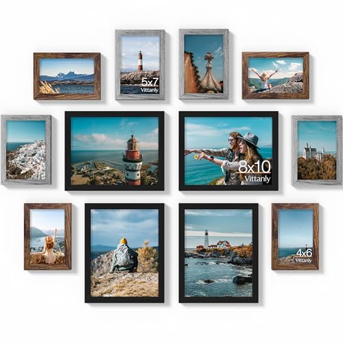 Vittanly 12 Pack Gallery Wall Frame Set, Black, Brown, Grey | Gallery Wall Frame Set: 4pcs 8x10, 4pcs 5x7 & 4pcs 4x6 Photos for Wall & Table, Picture Frames made of Engineered Wood - color: Black & Brown & Grey