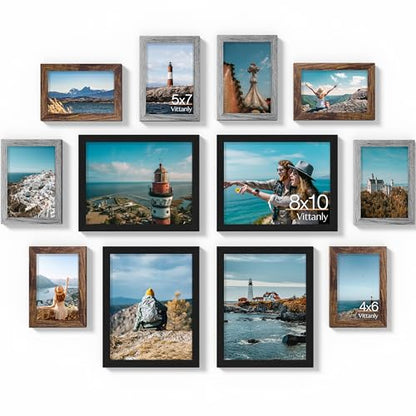 Vittanly 12 Pack Gallery Wall Frame Set, Black, Brown, Grey | Gallery Wall Frame Set: 4pcs 8x10, 4pcs 5x7 & 4pcs 4x6 Photos for Wall & Table, Picture Frames made of Engineered Wood - color: Black & Brown & Grey