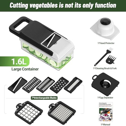 12-in-1 Vegetable Chopper 7 Blades, Veggie Cutter with Handle, Black/White | Stainless Steel Blades, Food Container and Lid, Dicer, Slicer, Julienne, Egg Separator, Non-slip Base, Include Cleaning Tools - color: Black, size: 7 blades
