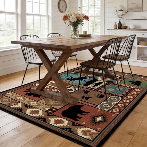 Rustic Cabin Area Rug 5x7 ft Southwestern Lodge Bear Moose Non Slip - color: Rustic Cabin, size: 5' x 7' (Rectangular)