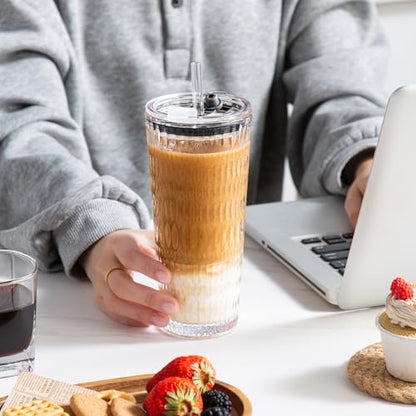 YUN TAO 16 oz Glass Cups with Lids and Straws, Set of 4 Clear Ribbed Glass Tumbler, Iced Coffee Cups with Lids Reusable