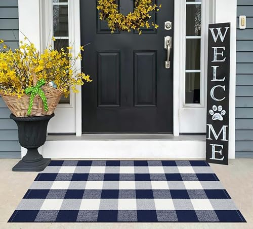 Blue and White Layered Doormat,27.5"x43.3"Door Mat Outdoor For Porch | Machine Washable Hand-Woven Cotton Layering Rug Farmhouse Buffalo Plaid Entryway Rug - color: Blue Buffalo, size: 27.5"x43.3"
